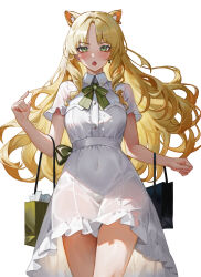 Rule 34 | 1girl, absurdres, alternate costume, animal ears, arknights, bag, blonde hair, covered erect nipples, cowboy shot, dress, drill hair, drill sidelocks, earrings, highres, jewelry, long hair, neck ribbon, ribbon, sama (sama24654684), shopping bag, side drill, sidelocks, single earring, solo, swire (arknights), tiger ears, tiger girl, white background, white dress