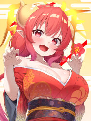 Rule 34 | 1girl, :d, absurdres, bare shoulders, breasts, cleavage, collarbone, commentary request, dragon girl, dragon horns, fang, fingernails, highres, horns, huge breasts, ilulu (maidragon), japanese clothes, kimono, kobayashi-san chi no maidragon, long hair, long sleeves, looking at viewer, low twintails, new year, obi, open mouth, pointy ears, red eyes, red hair, red kimono, sash, skin fang, slit pupils, smile, solo, sonao, twintails, upper body, wide sleeves, yellow horns