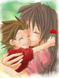 Rule 34 | 00s, age difference, anna irving, brown hair, child, closed eyes, flower, hug, lloyd irving, lowres, mother and son, oekaki, smile, tales of (series), tales of symphonia