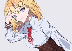 Rule 34 | 1girl, :d, absurdres, blonde hair, blue eyes, bob cut, collared shirt, commentary, english text, grey background, grin, hair ornament, high-waist skirt, highres, hololive, hololive english, leaning forward, long sleeves, looking at viewer, mekato, mustache print, necktie, open mouth, plaid, plaid skirt, red necktie, salute, shirt, short hair, short necktie, simple background, skirt, smile, solo, teeth, virtual youtuber, watson amelia, white shirt
