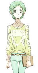 Rule 34 | 1girl, alternate hairstyle, aqua hair, aran sweater, cable knit, computer, cowboy shot, female focus, jewelry, laptop, looking at viewer, necklace, pants, persona, persona 3, simple background, solo, standing, sutei (giru), sweater, white background, yamagishi fuuka