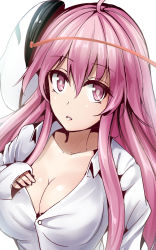 Rule 34 | 1girl, alternate costume, breasts, cleavage, dress shirt, expressionless, female focus, hata no kokoro, highres, large breasts, lips, long hair, long sleeves, looking at viewer, naked shirt, parted lips, pink eyes, pink hair, shirt, simple background, sketch, solo, touhou, upper body, y2
