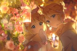 Rule 34 | 1boy, 1girl, blonde hair, blue eyes, bow, capelet, commentary, flower, gloves, hair bow, hair ornament, hairclip, headphones, highres, holding hands, jacket, kagamine len, kagamine rin, lantern, light particles, looking at viewer, magical mirai (vocaloid), magical mirai len, magical mirai rin, omutatsu, orange bow, orange capelet, scarf, scrunchie, short hair, short ponytail, smile, spiked hair, two-tone bow, upper body, vocaloid, white bow, white gloves, white jacket, wrist scrunchie, yellow scarf