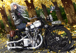Rule 34 | 1girl, ano hito, autumn, biker clothes, bird, club (shape), commentary request, denim, engine, english text, falling leaves, flower, jacket, jeans, leaf, leather, leather jacket, license plate, long hair, looking at viewer, looking back, motor vehicle, motorcycle, original, pants, silver hair, sitting, sitting on object, tree, union jack