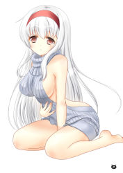 Rule 34 | 1girl, :&lt;, arched back, backless dress, backless outfit, bare arms, bare shoulders, barefoot, between legs, blush, breasts, brown eyes, chize, closed mouth, dress, grey sweater, hair between eyes, hairband, hand between legs, kantai collection, leaning forward, long hair, looking at viewer, medium breasts, meme attire, red hairband, ribbed sweater, shoukaku (kancolle), sideboob, silver hair, simple background, solo, sweater, turtleneck, turtleneck sweater, very long hair, virgin killer sweater, white background