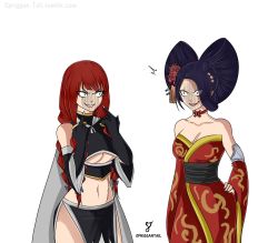 Rule 34 | 2girls, bare shoulders, black hair, breasts, cleavage, creator connection, crossover, eden&#039;s zero, fairy tail, hair ornament, irene belserion, japanese clothes, kurenai kogetsu, large breasts, long hair, midriff, mature female, multiple girls, navel, pelvic curtain, quad braids, red hair, revealing clothes, smile, underboob