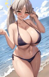 Rule 34 | 1girl, absurdres, bare arms, bare legs, beach, bikini, black bikini, blue archive, blue sky, blush, breasts, brown eyes, brown hair, cleavage, cloud, collarbone, cowboy shot, curvy, day, dutch angle, halo, highres, horizon, huge breasts, long hair, looking at viewer, moe (blue archive), moe (swimsuit) (blue archive), mua (mua pb), navel, ocean, open mouth, outdoors, side-tie bikini bottom, sky, smile, solo, standing, stomach, swimsuit, teeth, thighs, twintails, underboob, upper teeth only, variant set, wet