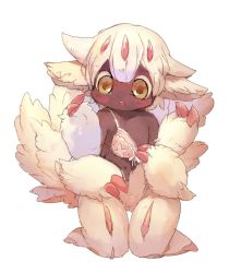 Rule 34 | 1girl, animal hands, bad id, bad pixiv id, blush, bra, dark-skinned female, dark skin, extra arms, faputa, flat chest, kneeling, looking at viewer, made in abyss, manino (mofuritaionaka), monster girl, parted lips, short hair, solo, strap slip, thigh gap, underwear, undone bra, white background, white hair, yellow eyes