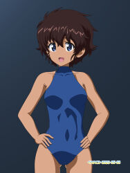 Rule 34 | 1girl, blue eyes, blue one-piece swimsuit, breasts, brown hair, covered navel, girls und panzer, hands on own hips, highres, looking at viewer, medium breasts, naotosi, one-piece swimsuit, open mouth, short hair, simple background, smile, solo, suzuki (girls und panzer), swimsuit
