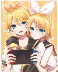 Rule 34 | 1boy, 1girl, black sailor collar, black sleeves, blonde hair, blue eyes, border, bow, bow hairband, brother and sister, closed mouth, collarbone, collared shirt, detached sleeves, hair between eyes, hair bow, hairband, highres, holding, hug, hug from behind, kagamine len, kagamine rin, midriff, necktie, nintendo switch, open mouth, orange background, outline, sailor collar, sailor shirt, shirt, short hair, siblings, soramame pikuto, vocaloid, white border, white bow, white hairband, white shirt, yellow necktie
