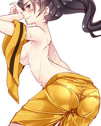 Rule 34 | 10s, 1girl, 218, araragi karen, arched back, ass, back, black hair, blush, breasts, cowboy shot, female focus, from behind, from side, hair ornament, looking at viewer, looking back, monogatari (series), nape, nisemonogatari, ponytail, profile, shirt, shorts, sideboob, simple background, solo, sportswear, striped clothes, striped shirt, sweat, topless, tsurime, unworn shirt, very sweaty, wet, wet clothes, white background, yellow shorts