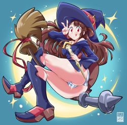 Rule 34 | 1girl, :q, ass, asymmetrical bangs, blue panties, boots, breasts, broom, brown hair, crescent moon, hat, highres, kagari atsuko, knee boots, little witch academia, long hair, moon, panties, red eyes, small breasts, solo, striped clothes, striped panties, tongue, tongue out, trefoil, underwear, v, white panties, witch hat