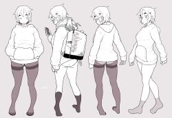 Rule 34 | 1girl, absurdres, ass, backpack, bag, from behind, full body, glasses, grey background, greyscale, hair ornament, hands in pockets, highres, holding, holding phone, hood, hoodie, koeru otoge-san, lineart, long sleeves, looking back, monochrome, neyuki rei, otouge azuki, panties, pantyhose, parted lips, phone, scarf, short hair, skirt caught on object, socks, standing, thick eyebrows, thighs, underwear