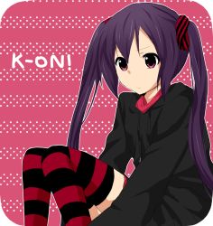 Rule 34 | 1girl, bad id, bad pixiv id, black hair, casual, copyright name, highres, k-on!, long hair, nakano azusa, naru (andante), red eyes, sitting, solo, striped clothes, striped thighhighs, thighhighs, twintails