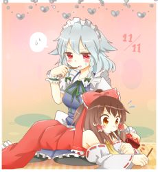 Rule 34 | 2girls, bad id, bad pixiv id, bare shoulders, blush stickers, bow, braid, breasts, brown hair, dated, detached sleeves, facing away, flying sweatdrops, food, food in mouth, gradient background, hair bow, hair tubes, hakurei reimu, heart, izayoi sakuya, looking at viewer, looking away, lying, lying on lap, lying on person, maid headdress, multiple girls, on stomach, open mouth, pantyhose, pink background, pocky, pocky day, ponytail, red eyes, short hair, silver hair, sitting, skirt, skirt set, speech bubble, sweatdrop, tanikake yoku, touhou, twin braids, wariza, wrist cuffs