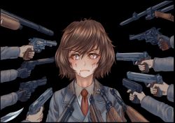 Rule 34 | 1girl, akiyama yukari, at gunpoint, bayonet, black background, black gloves, blazer, bolt action, brown eyes, brown hair, closed mouth, commentary, dirty, dirty face, disguise, dress shirt, emblem, finger on trigger, frown, girls und panzer, gloves, grey jacket, gun, gun sling, gun to head, handgun, highres, holding, holding gun, holding weapon, jacket, john wick, long sleeves, looking to the side, m1903 springfield, m1911, messy hair, multiple others, necktie, out of frame, revolver, rifle, saunders (emblem), saunders school uniform, school uniform, shirt, short hair, simple background, solo focus, surrounded, sweat, tigern (tigern28502735), weapon, weapon request, white shirt, wing collar