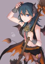 Rule 34 | 1girl, arm up, black shorts, blue eyes, blue hair, bow, broom, byleth (female) (fire emblem), byleth (fire emblem), closed mouth, collarbone, crop top, fire emblem, fire emblem: three houses, grey background, hair between eyes, holding, holding broom, horns, long hair, midriff, navel, nintendo, orange bow, pantyhose, robaco, short shorts, shorts, sketch, smile, solo, standing, stomach, twitter username
