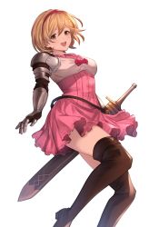 Rule 34 | 1girl, :d, annno ans, blonde hair, boots, brown eyes, brown footwear, djeeta (granblue fantasy), dress, granblue fantasy, hairband, high heel boots, high heels, highres, looking at viewer, metal gloves, open mouth, pink dress, pink hairband, red hairband, short hair, simple background, smile, solo, sword, thigh boots, weapon, white background