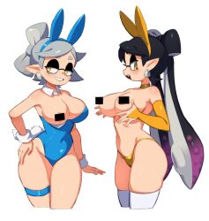 Rule 34 | 2girls, alternate breast size, alternate costume, animal ears, areola slip, arm at side, averting eyes, bar censor, bare shoulders, black hair, blue hairband, blue leotard, blush, bow-shaped hair, breasts, bridal gauntlets, callie (splatoon), censored, censored nipples, choker, collarbone, cousins, covered navel, cowboy shot, cropped legs, detached collar, earrings, fake animal ears, fake tail, fang, female focus, flowers-imh, from side, gloves, grabbing own breast, gradient hair, grey hair, grin, hairband, half-closed eyes, hand on own hip, hands up, happy, highleg, highleg panties, highres, inkling, jewelry, large breasts, leotard, long hair, looking at viewer, looking to the side, marie (splatoon), mole, mole under eye, multicolored hair, multiple girls, navel, nintendo, one breast out, open mouth, panties, playboy bunny, pointy ears, profile, purple hair, rabbit ears, rabbit tail, short hair, siblings, simple background, sisters, skindentation, smile, splatoon (series), standing, stomach, strapless, strapless leotard, suction cups, swept bangs, tail, teeth, tentacle hair, tentacles, thick thighs, thigh strap, thighhighs, thighs, topless, twintails, two-tone hair, underwear, underwear only, wardrobe malfunction, white background, white thighhighs, wide hips, wrist cuffs, yellow choker, yellow eyes, yellow gloves, yellow hairband, yellow panties