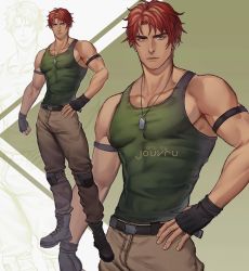 Rule 34 | 1boy, abs, armband, artist name, bara, belt, biceps, boots, gloves, jewelry, jouvru, looking at viewer, male focus, muscular, muscular male, necklace, original, pants, pectorals, red hair, solo, tank top, yellow eyes