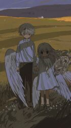 Rule 34 | 1boy, 1girl, arms at sides, black eyes, black pants, blank stare, building, collared shirt, curly hair, dress, evening, feathered wings, field, floating hair, full body, grass, highres, hill, holding hands, long hair, long sleeves, looking at viewer, low wings, mountain, namoku (namottttt), orange eyes, original, outdoors, pants, shadow, shirt, shirt tucked in, short hair, side-by-side, sidelocks, sleeve cuffs, standing, straight-on, white dress, white hair, white shirt, white wings, wings