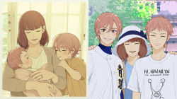 Rule 34 | 1girl, 2boys, ace of diamond, age progression, baby, baseball jersey, baseball uniform, blush, brothers, brown eyes, brown shirt, child, closed eyes, day, hat, hat ribbon, holding, holding baby, jersey, jewelry, kominato haruichi, kominato ryousuke, looking at viewer, mother and son, multiple boys, open mouth, outdoors, pink hair, ribbon, ring, shirt, short hair, siblings, smile, sportswear, teeth, twins, upper body, white shirt