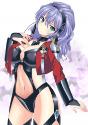 Rule 34 | 1girl, absurdres, aqua centolm, breasts, bridal gauntlets, cleavage, cropped jacket, floral background, green eyes, hairband, hatsune haruka, highres, large breasts, navel, purple hair, revealing clothes, smile, super robot wars, super robot wars mx, wavy hair