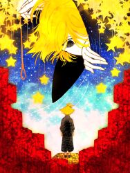 Rule 34 | 2boys, ahoge, black eyes, black footwear, black shirt, blonde hair, box, curtains, dual persona, flipped hair, highres, holding, male focus, mix usagi, multiple boys, noose, pale skin, pppppp, rope, shirt, sky, sonoda lucky, standing, star (sky), star (symbol), starry sky