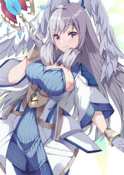 Rule 34 | 1girl, absurdres, blue dress, blue eyes, breasts, cleavage, curly hair, dress, gloves, grey hair, head wings, highres, holding, holding staff, long hair, looking at viewer, medium breasts, melia antiqua, risumi (taka-fallcherryblossom), short sleeves, simple background, smile, solo, staff, white gloves, wide sleeves, wings, xenoblade chronicles (series), xenoblade chronicles 3