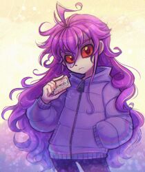 1girl ahoge badeline blue_coat celeste_(video_game) closed_mouth coat colored_sclera dark_persona dual_persona jacket linterteatime long_hair long_sleeves looking_at_viewer purple_hair red_eyes red_sclera solo very_long_hair