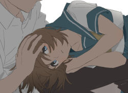 Rule 34 | 1boy, 1girl, blue eyes, blue sailor collar, brown hair, brown pants, closed mouth, collared shirt, commentary request, expressionless, feet out of frame, hand on another&#039;s head, head out of frame, higurashi no naku koro ni, kakeami, lap pillow, looking up, lying, neckerchief, on side, own hands together, pants, romaji commentary, ryuuguu rena, sailor collar, school uniform, serafuku, shirt, short sleeves, simple background, white background, white shirt, yellow neckerchief