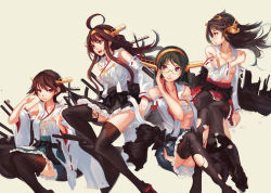 Rule 34 | 10s, 4girls, ahoge, bare shoulders, black hair, boots, breasts, brown hair, covering privates, covering breasts, detached sleeves, double bun, glasses, hairband, haruna (kancolle), headgear, hiei (kancolle), japanese clothes, kantai collection, kirishima (kancolle), kongou (kancolle), large breasts, long hair, multiple girls, no legwear, nontraditional miko, open clothes, revision, short hair, softmode, thigh boots, thighhighs, torn clothes, torn legwear