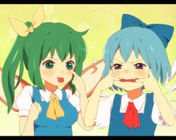 Rule 34 | 2girls, :p, bad id, bad pixiv id, blue eyes, blue hair, bow, cirno, daiyousei, fangs, green eyes, green hair, hair bow, letterboxed, multiple girls, nazochoco, short hair, side ponytail, tongue, tongue out, touhou, wings