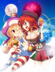 Rule 34 | 2girls, american flag dress, american flag legwear, bare shoulders, black shirt, blonde hair, blue sky, breasts, burger, chain, cleavage, cloud, clownpiece, collar, day, dress, earth (ornament), eating, fang, food, food on face, french fries, hair between eyes, hat, heart, heart print, hecatia lapislazuli, highres, holding, holding food, jester cap, kuresento, large breasts, miniskirt, moon (ornament), multicolored clothes, multicolored skirt, multiple girls, neck ruff, off-shoulder shirt, off shoulder, one eye closed, open mouth, pantyhose, polka dot, purple eyes, purple hat, red eyes, red hair, shirt, short dress, skirt, sky, smile, star (symbol), star print, striped clothes, striped dress, striped pantyhose, t-shirt, thighs, touhou, towel