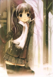 Rule 34 | 1girl, :o, absurdres, breath, brown eyes, brown hair, highres, jacket, kawata hisashi, leaf (studio), looking at viewer, miniskirt, mizuki mana, non-web source, official art, scan, scarf, signature, skirt, snow, snowing, solo, thighhighs, twintails, white album, white album (series), white scarf, winter, zettai ryouiki