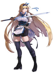 Rule 34 | 1girl, belt, black belt, black footwear, black gloves, black shorts, black thighhighs, blonde hair, blue eyes, blue hairband, boots, breasts, commentary request, delsaber, full body, gloves, hairband, high heel boots, high heels, highres, holding, holding sword, holding weapon, large breasts, long hair, long sleeves, original, shirt, short shorts, shorts, simple background, smile, solo, standing, sword, thighhighs, thighs, very long hair, weapon, white background, white shirt