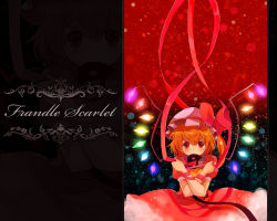 Rule 34 | 1girl, adapted costume, artist request, blonde hair, blouse, character name, embodiment of scarlet devil, female focus, flandre scarlet, gradient background, hair between eyes, hat, holding, laevatein, looking at viewer, mob cap, red background, red eyes, red shirt, ribbon, shirt, short hair, slit pupils, solo, touhou, wallpaper, white hat, wings