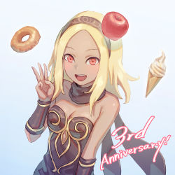 Rule 34 | 1girl, anbe yoshirou, anniversary, apple, black scarf, blonde hair, blue background, blush, breasts, cleavage, collarbone, commentary request, dark-skinned female, dark skin, doughnut, english text, floating, floating object, food, forehead, fruit, gold trim, gradient background, gravity daze, gravity daze 2, grey background, hairband, hand up, highres, ice cream cone, kitten (gravity daze), long hair, looking at viewer, medium breasts, open mouth, red eyes, scarf, shadow, shiny clothes, shiny skin, sidelocks, sleeveless, solo, strapless, teeth, upper body, upper teeth only, vambraces, w