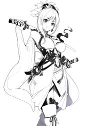 Rule 34 | 1girl, breasts, commentary request, detached sleeves, fate/grand order, fate (series), fingernails, hair ornament, high ponytail, holding, holding sword, holding weapon, japanese clothes, katana, kimono, long sleeves, medium breasts, miyamoto musashi (fate), miyamoto musashi (third ascension) (fate), over shoulder, ponytail, ririko (zhuoyandesailaer), sheath, sheathed, sleeves past wrists, solo, sword, sword over shoulder, thighhighs, weapon, weapon over shoulder, white background
