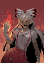 Rule 34 | 1girl, absurdres, bandaged arm, bandages, bow, breasts, buttons, collarbone, collared shirt, fang, fire, fujiwara no mokou, gradient background, grey bow, grey hair, grey shirt, hair bow, hand up, highres, long hair, looking to the side, medium breasts, multicolored bow, ofuda, ofuda on clothes, open mouth, orange background, red background, red bow, red eyes, red skirt, shirt, short sleeves, skirt, solo, standing, suspender skirt, suspenders, teeth, the robot boy, tongue, touhou