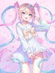 Rule 34 | 1girl, alllisso, blonde hair, blue bow, blue eyes, blue hair, blue nails, blush, bow, chouzetsusaikawa tenshi-chan, feet out of frame, hair bow, hair ornament, heart, heart hair ornament, highres, holographic clothing, long hair, long sleeves, looking at viewer, making-of available, multicolored hair, multicolored nails, multiple hair bows, needy girl overdose, open mouth, pink background, pink bow, pink hair, pink nails, pleated skirt, purple bow, quad tails, sailor collar, school uniform, serafuku, skirt, smile, solo, teeth, upper teeth only, v, very long hair, wings, yellow bow, yellow nails