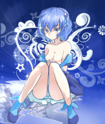 Rule 34 | 10s, 1girl, ababarion, awawawa, bare shoulders, blue eyes, blue hair, blue panties, breasts, hair ornament, matching hair/eyes, nipples, panties, piruluk, short hair, small breasts, solo, striped clothes, striped panties, underwear, wixoss