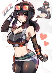 Rule 34 | 1girl, ahoge, bare shoulders, black choker, black gloves, black hair, black pants, breasts, choker, cleavage, crop top, gloves, goggles, goggles on head, grace howard, highres, large breasts, looking at viewer, navel, official art inset, pants, ponytail, red eyes, short ponytail, smile, solo, sports bra, stomach, touyarokii, zenless zone zero