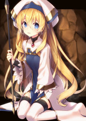 Rule 34 | 10s, 1girl, between legs, blonde hair, blue eyes, blush, breasts, cave, cleric, commentary request, dress, goblin slayer!, hair between eyes, hand between legs, hand up, hat, holding, holding staff, long hair, long sleeves, looking at viewer, parted lips, priestess (goblin slayer!), sitting, small breasts, solo, staff, tahya, thighhighs, very long hair, wariza, weapon, white dress, white hat, white thighhighs, wide hips, wide sleeves