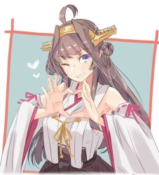 Rule 34 | 1girl, ahoge, alakoala, bare shoulders, blue background, blush, breasts, brown hair, detached sleeves, double bun, hair bun, hairband, hakama, hakama skirt, headgear, heart, heart hands, japanese clothes, kantai collection, kongou (kancolle), kongou kai ni (kancolle), large breasts, long hair, looking at viewer, nontraditional miko, open mouth, popped collar, purple eyes, ribbon-trimmed sleeves, ribbon trim, skirt, smile, solo, upper body, white background