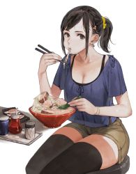 Rule 34 | 1girl, black eyes, black hair, black thighhighs, bowl, bracelet, breasts, chopsticks, cleavage, dumpling, eating, food, food in mouth, highres, holding, holding chopsticks, jewelry, jiaozi, jun (navigavi), looking at viewer, original, ponytail, shorts, simple background, sitting, solo, thighhighs, white background