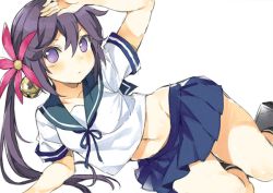 Rule 34 | 10s, 1girl, akebono (kancolle), arm support, bad id, bad twitter id, bell, collarbone, flower, hair bell, hair between eyes, hair flower, hair ornament, hand on own head, jingle bell, kantai collection, long hair, looking at viewer, lying, midriff, navel, on side, pleated skirt, purple eyes, purple hair, sailor collar, school uniform, serafuku, shimeji (4 me ji), short sleeves, side ponytail, skirt, solo, white background