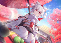 Rule 34 | 1girl, animal ears, autumn, autumn leaves, backlighting, bare shoulders, bird, black skirt, blue sky, breasts, cherry blossoms, cloud, dango, detached sleeves, food, hat, highres, inubashiri momiji, large breasts, looking at viewer, looking down, medium breasts, midriff, multicolored clothes, multicolored skirt, naru din, navel, outdoors, pom pom (clothes), red eyes, red skirt, ribbon-trimmed sleeves, ribbon-trimmed thighhighs, ribbon trim, shirt, short hair, silver hair, sitting, skirt, sky, sleeveless, sleeveless shirt, solo, tail, thighhighs, tokin hat, touhou, turtleneck, wagashi, white legwear, white shirt, wolf ears, wolf tail