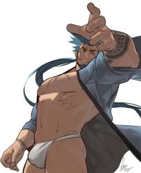 Rule 34 | 1boy, abs, asymmetrical hair, bara, bare pectorals, blue eyes, blue hair, blue kimono, bulge, chest tattoo, cowboy shot, facial hair, foreshortening, from side, goatee, gomtang, grin, japanese clothes, jockstrap, kimono, large pectorals, long hair, looking at viewer, male focus, male underwear, mature male, muscular, muscular male, navel, no nipples, no pants, open clothes, open kimono, original, pectorals, ponytail, shark (gomtang), sideburns, sidecut, smile, solo, stomach, tattoo, thick eyebrows, thick thighs, thighs, undercut, underwear, white male underwear, wind