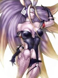 Rule 34 | 1girl, animal ears, bare shoulders, big hair, black gloves, blonde hair, breasts, choker, circlet, cleavage, colored sclera, colored skin, covered erect nipples, dragon quest, dragon quest x, elbow gloves, facial mark, fishnet legwear, fishnets, forehead mark, fumio (rsqkr), garter straps, gloves, gradient hair, hand up, jyuriante, large breasts, leg lift, light smile, long hair, looking at viewer, multicolored hair, navel, purple hair, purple skin, red eyes, red sclera, sidelocks, simple background, smile, solo, tattoo, two-tone hair, very long hair, white background, yellow eyes